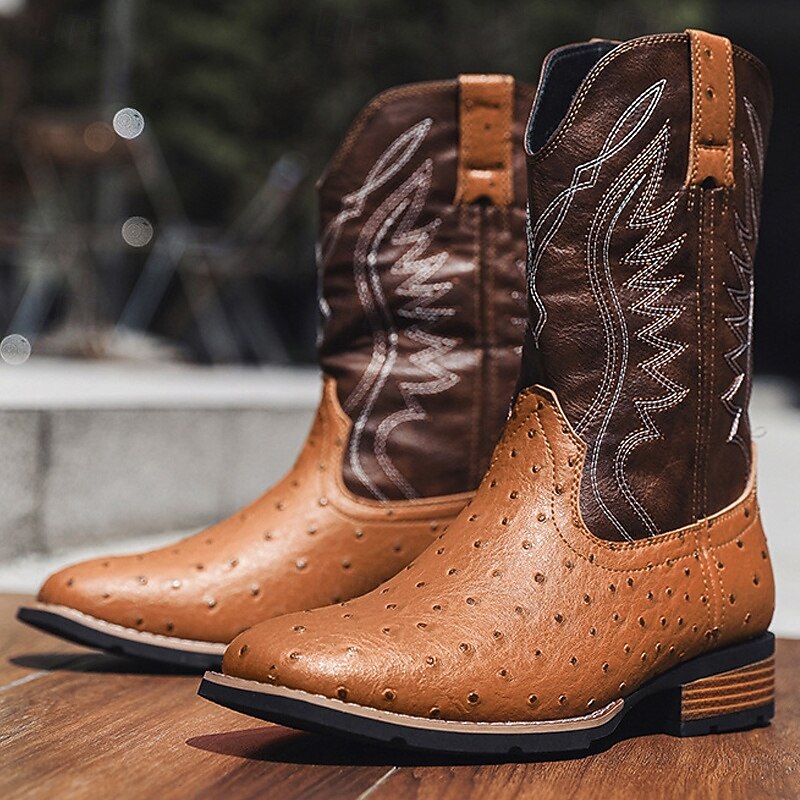 Men's Brown Faux Leather Cowboy Boots with Embroidered Detailing – Classic Western Style for Casual Wear, Rodeos and Outdoor Events2