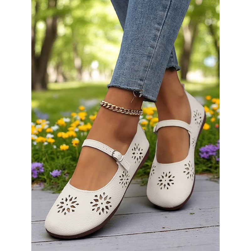 Women's Comfort Mary Jane Wide-Toe Flats with Floral Cutouts – Soft Sole Casual Barefoot Shoes for Ladies – Great for Brunch, Farmers Markets and Outdoor Leisure2