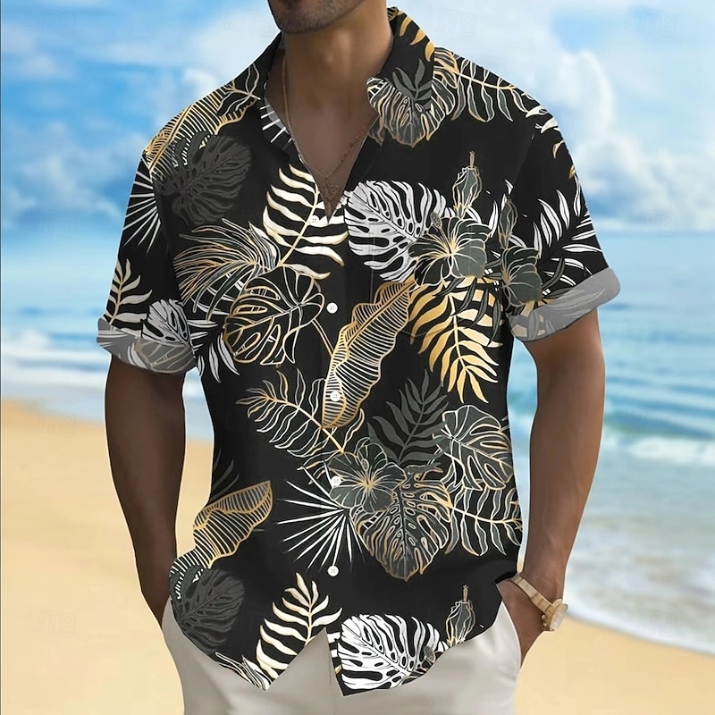 Men's Palm Leaf Tropical Plants Summer Hawaiian Shirt Button Up Shirt Aloha Shirt Short Sleeve Hawaiian Holiday Beach Wear Summer Spring Turndown 3D Print Collared Shirts Front One Pocket Black Green2