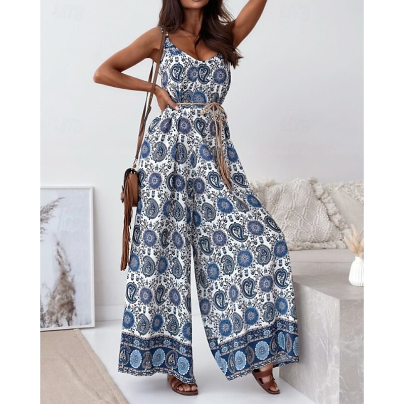 Women's Normal Jumpsuit Streetwear Floral Sleeveless V Neck Print Street Daily Regular Fit Navy Blue Royal Blue Blue Summer2