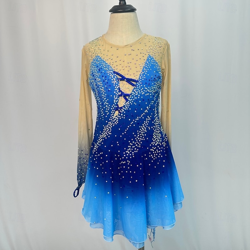 Figure Skating Dress Women's Girls' Ice Skating Dress Outfits Blue+Light Blue Patchwork Asymmetric Hem Mesh Spandex High Elasticity Competition Skating Wear Handmade Crystal / Rhinestone Long Sleeve3