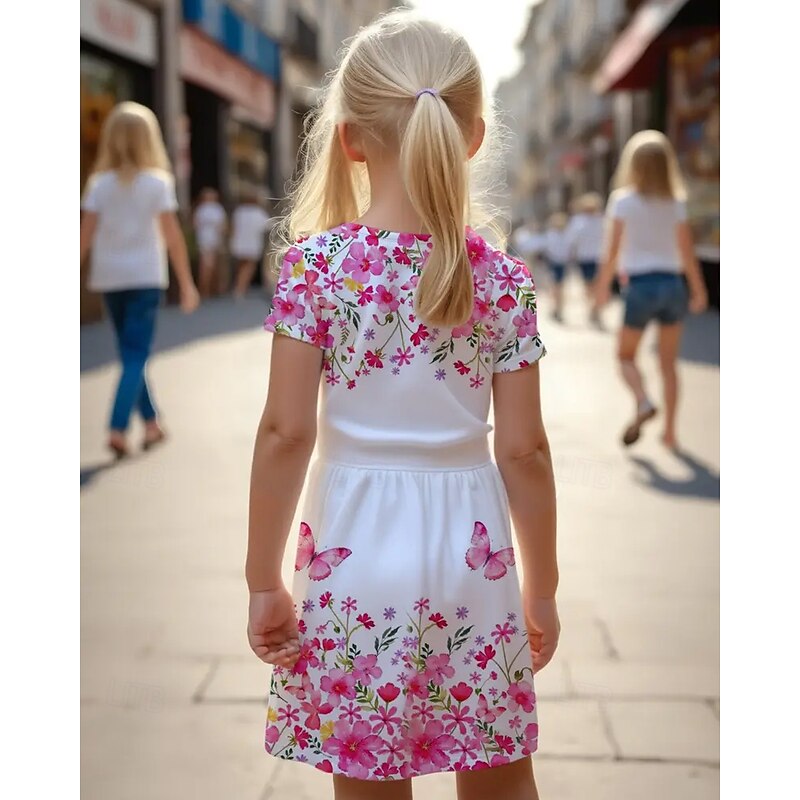 Girls' 3D Floral Butterfly Dress Short Sleeve Summer Spring Vacation Daily Holiday Princess Beautiful Sweet Kids 4-12 Years Casual Dress A Line Dress Knee-length Regular Fit2