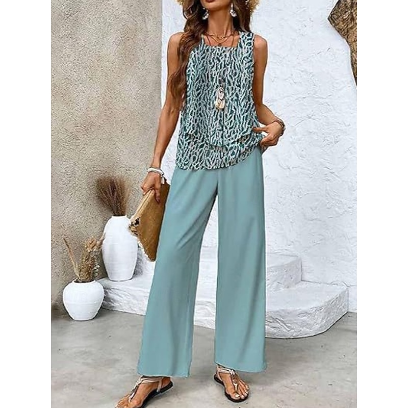Women's 2 Pieces Fashion Streetwear Daily Camis Pants Sets Sleeveless Square Neck Floral Graphic Print Outdoor Casual Daily Navy Blue Ocean Blue Blue Summer Loose Fit3