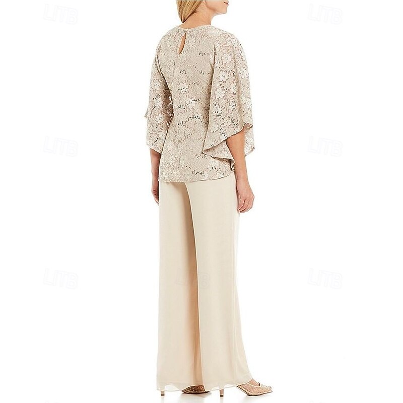 Two Piece Pantsuit Mother of the Bride  Formal Wedding Guest Church Elegant Jewel Neck Floor Length Chiffon Lace 3/4 Length Sleeve with Embroidery2