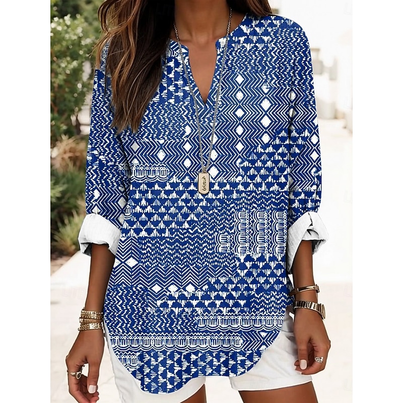 Women's Blouse Tunic V Neck Long Sleeve Boho Casual Tops Cotton Linen Graphic Striped Daily Business Regular Tops Work Daily Buttons Print Black Blue Green Light Blue2