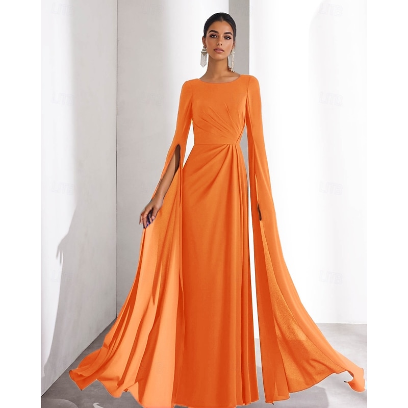 Chiffon A-Line Evening Gown Elegant Dress Formal Wedding Guest Floor Length Long Sleeve Boat Neck with Ruched4