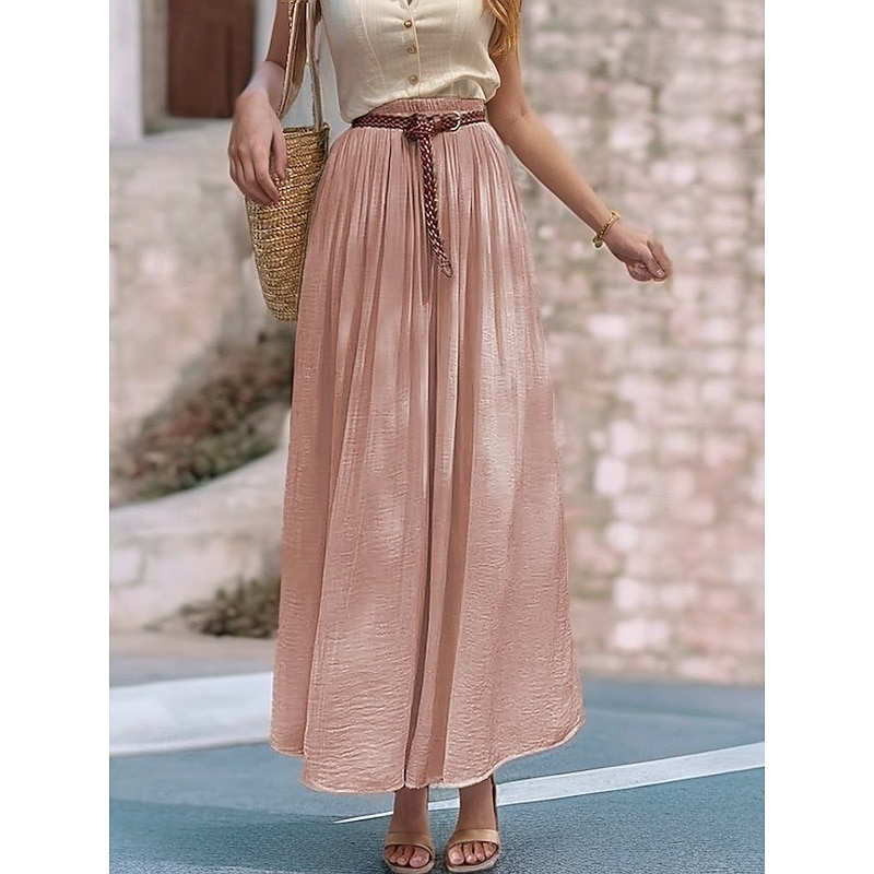 Women's Asian Size Swing Linen Skirts Elegant Casual Midi High Waist Skirts Solid Colored Ruched Pleated Flowy Micro-elastic Vacation Daily Wine Black White Pink Spring, Fall, Winter, Summer Linen4