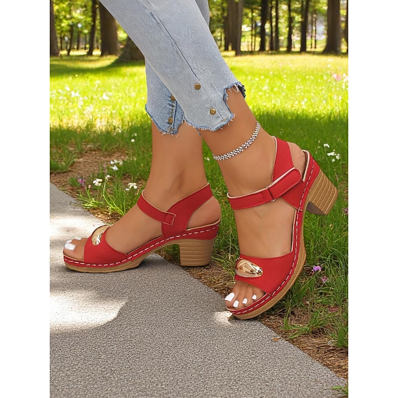Women's Red Chunky Heel Sandals – Retro Open-Toe Design with Gold Accents for Summer Parties and Daily Commutes2