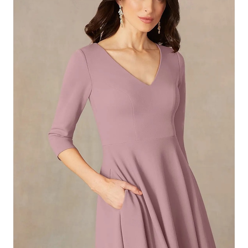 A-Line Mother of the Bride Dress Wedding Guest Elegant Minimalist V Neck Tea Length Italy Satin 3/4 Length Sleeve with Draping4