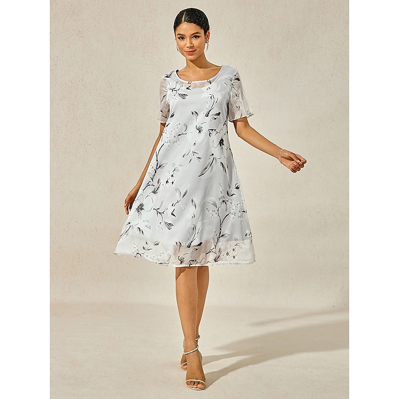 Women's Elegant Chiffon Dress Floral Mesh Print Crew Neck Midi Dress Daily Vacation Short Sleeve Summer Spring3