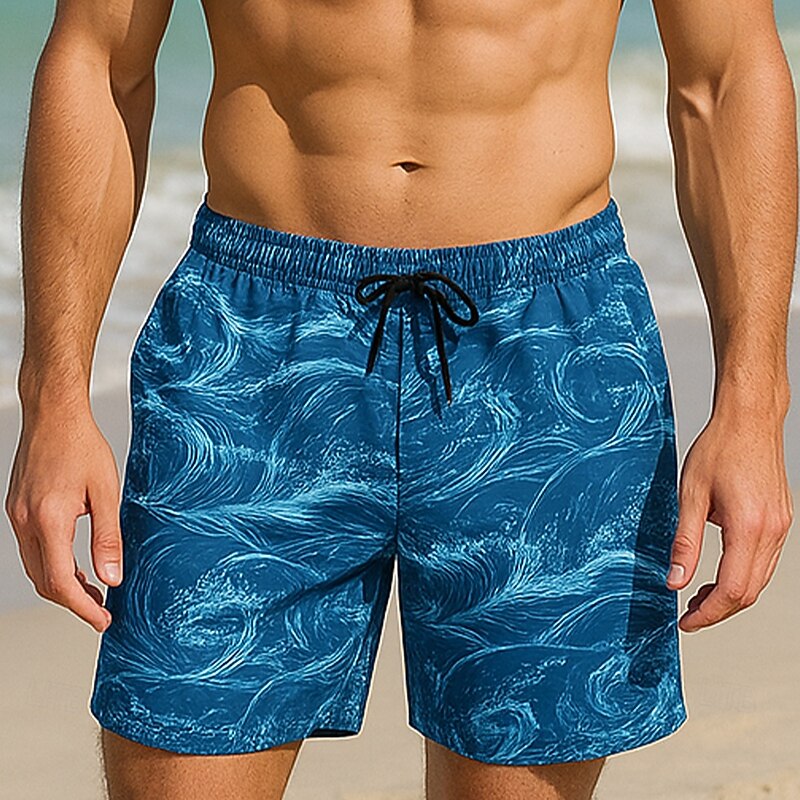 Men's Shorts Beach Shorts Drawstring Ocean Abstract Abstract Art Quick Dry Outdoor Knee Length Outdoor Vacation Home Vacation Ethnic Style Lake blue Navy Blue Stretchy