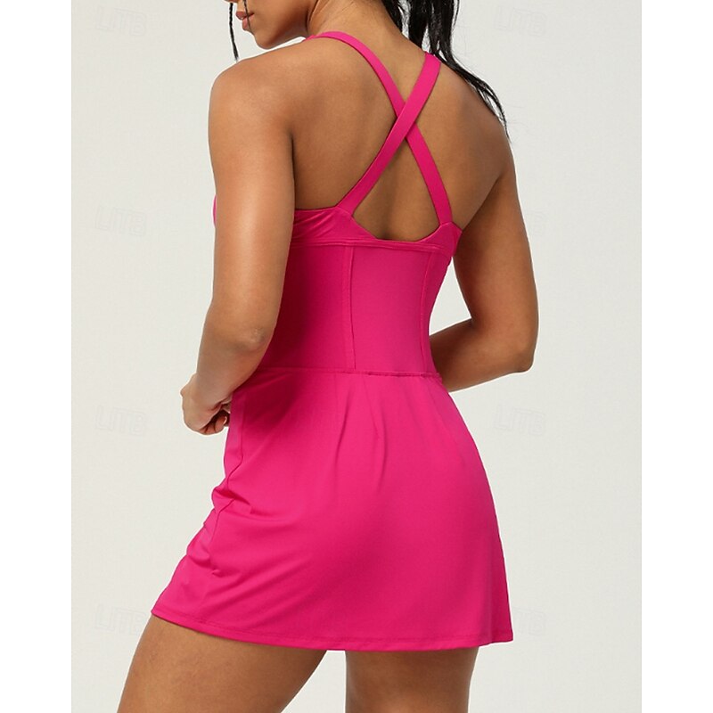 Women's Solid Colored Tennis Dress with Built in Shorts and Bra Sports Dress Sleeveless Layered Cut Out Split Breathable Tennis Golf Pickleball V Neck Crisscross Back Navy Black White Tennis Clothing4