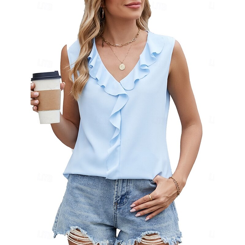 Women's Camisole Tank Top Solid Color Daily Casual Sleeveless V Neck Regular Tops Daily Ruffle Black White Blue Fuchsia Summer