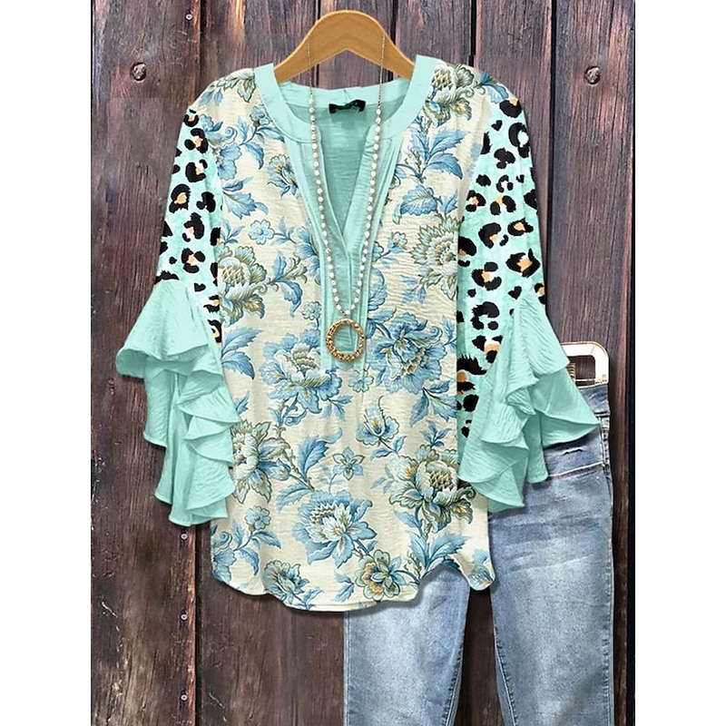 Women's Blouse V Neck Floral Graphic Leopard Elegant Bohemia Vintage 3/4 Length Sleeve Regular Tops Daily Holiday Vacation Wear Ruffle Print Blush Pink Light Green Pink Light Blue Summer Spring Fall3