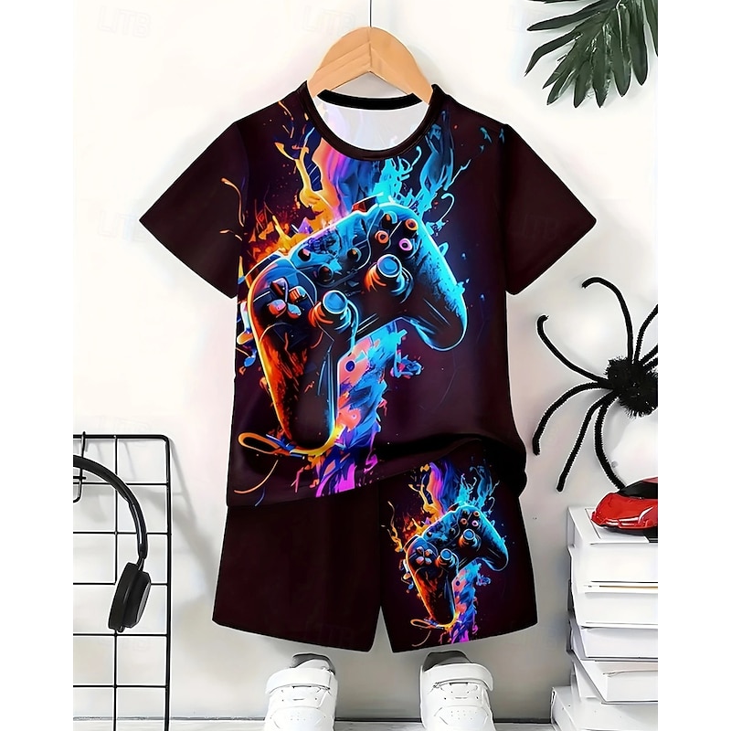 Boys 3D Game T-shirt & Shorts Set Short Sleeve Summer Spring Sports Fashion Daily Kids 4-12 Years Crew Neck Outdoor Vacation Sports Tailored Fit2