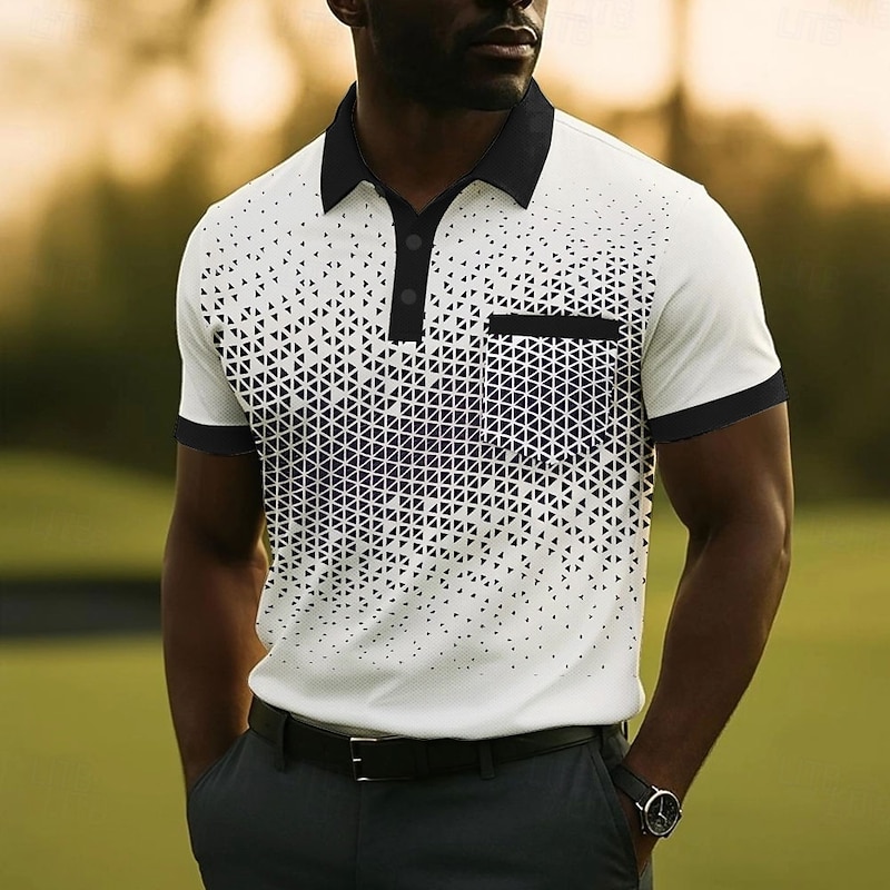 Men's Geometric Pattern Polo Short Sleeve Polo Shirts Collared Shirts Business Casual Outdoor Athleisure Daily Wear Buttons Pocket Summer White Blue Purple