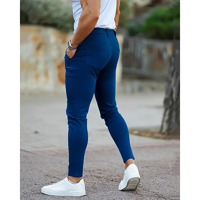 Men's Dress Pants Skinny Trousers Chinos Buttons Pocket Plain Comfort Ankle-Length Formal Party Work Fashion Classic Style Black Blue Micro-elastic3