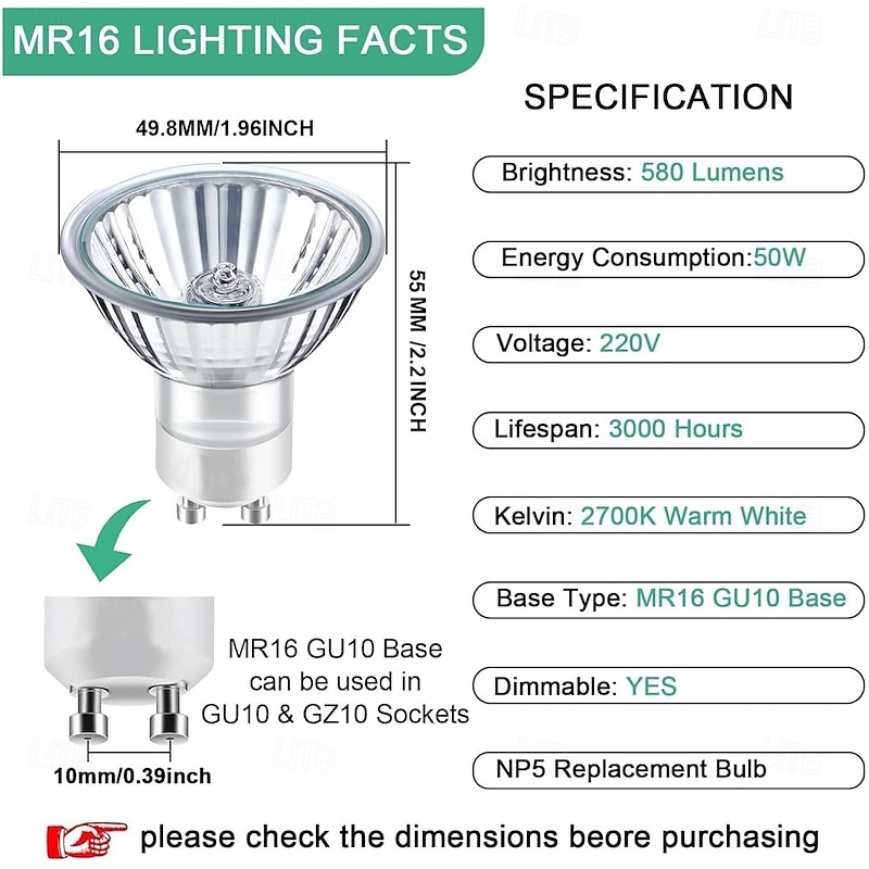 GU10 Halogen Bulb 220V 50W Halogen Light Bulbs MR16 with Glass Cover 2700K Warm White Dimmable for Candle Warmer Lamp Track Lighting Ceiling Light 6pcs2