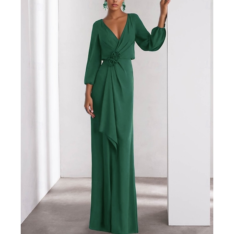 A-Line Evening Gown Elegant Dress Formal Wedding Guest Floor Length Long Sleeve V Neck Stretch Crepe with Ruffles2