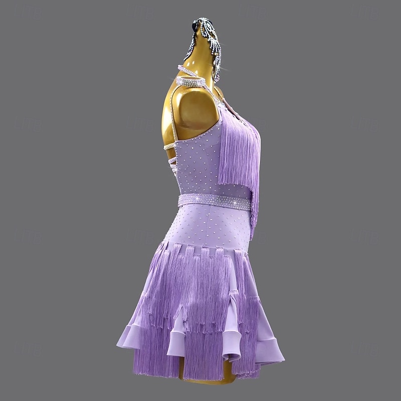 Latin Dance Dress Crystal / Rhinestone Tassel Splicing Women's Performance Training Sleeveless Chinlon Spandex3