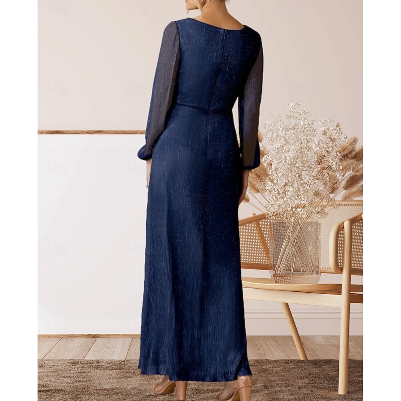 A-Line Mother of the Bride Dress Wedding Guest Elegant V Neck Floor Length Chiffon Long Sleeve with Pleats Ruching2