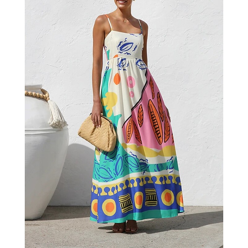 Women's Long Dress Maxi Dress Cotton Linen Dresses Casual Dress Slip Dress Fashion Outdoor Party Holiday Regular Fit Color Block Sleeveless Spaghetti Strap Blue Summer