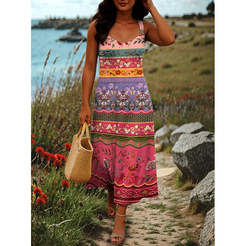 Women's Maxi Dress A Line Dress Off The Shoulder Dress Vacation Casual Boho Party Going out Beach Standard Fit Graphic Tribal Sleeveless Square Neck Black White Red Blue Summer Spring2