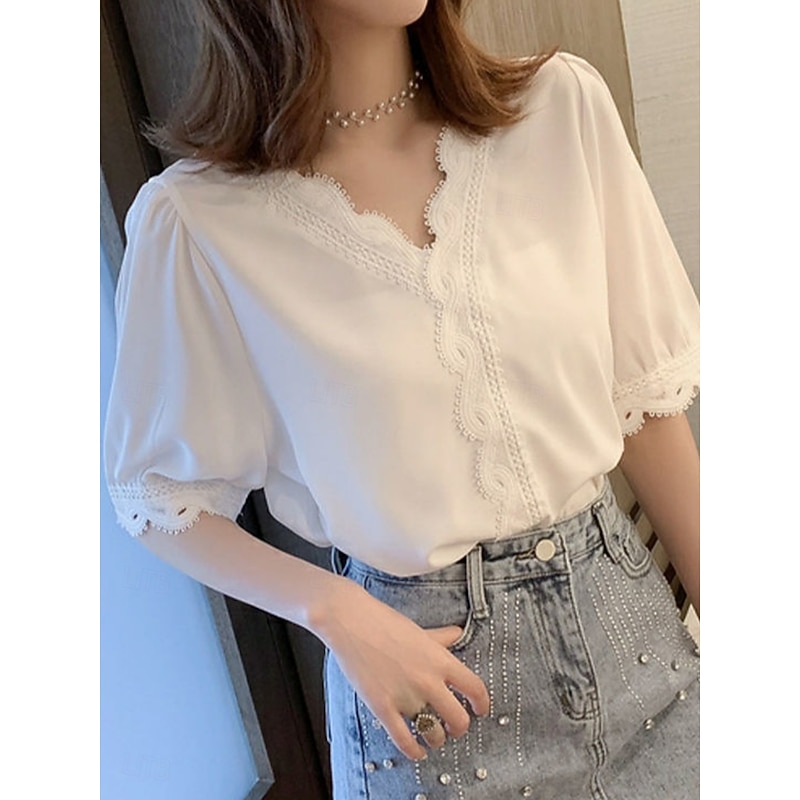 Women's Blouse Solid Color Stylish Basic Casual Short Sleeve Shirt Collar Regular Tops Daily Patchwork Buttons Lace Trim White Summer