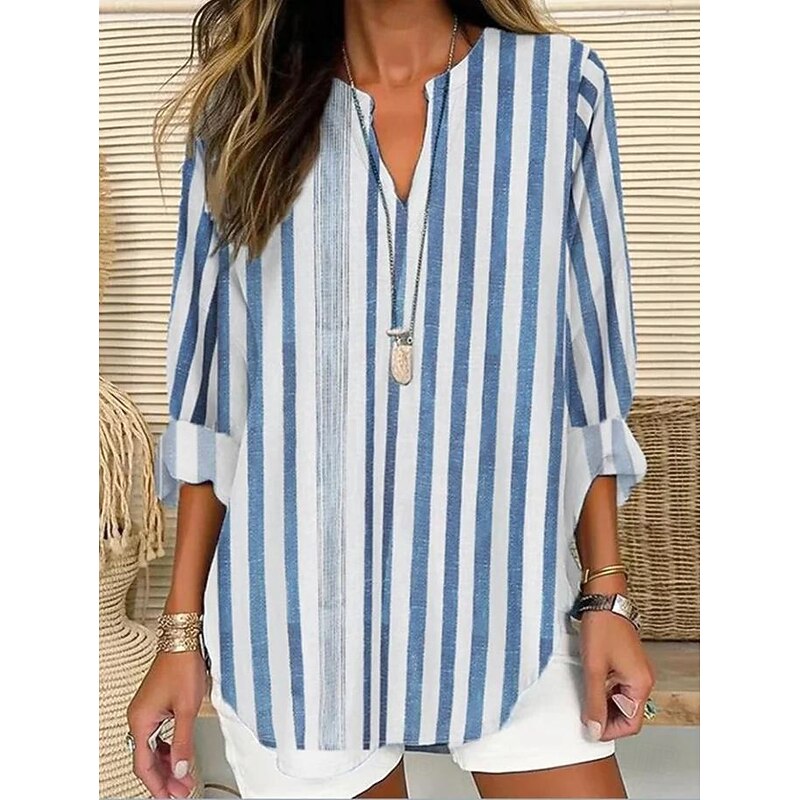 Women's Blouse Tunic V Neck Long Sleeve Boho Casual Tops Cotton Linen Graphic Striped Daily Business Regular Tops Work Daily Buttons Print Blue Gray Light Blue2