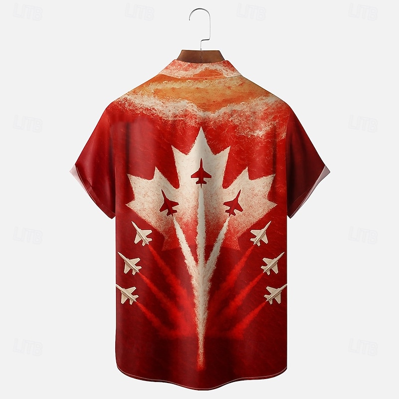 Canada Day Men's Maple Leaf Airplane Shirt Summer Shirt Button Up Shirt Short Sleeve Fashion Casual Holiday Summer Spring Turndown 3D Print Collared Shirts Front One Pocket Red2