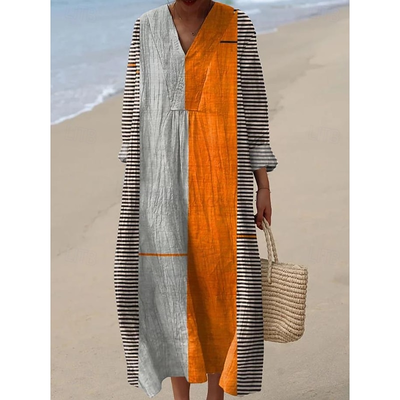 Women's Midi Dress V Neck Long Sleeve Kaftan Lightweight Loose Fit A Line Dress Casual Boho Going out Loose Fit Graphic Long Sleeve V Neck Black Blue Orange Khaki2