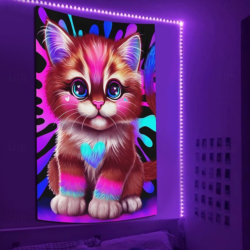 Sheena Pike Blacklight Tapestry Glow in the Dark Glow Party UV Reactive Trippy Misty Hanging Tapestry Wall Art Mural for Living Room Bedroom Lil Kitty3