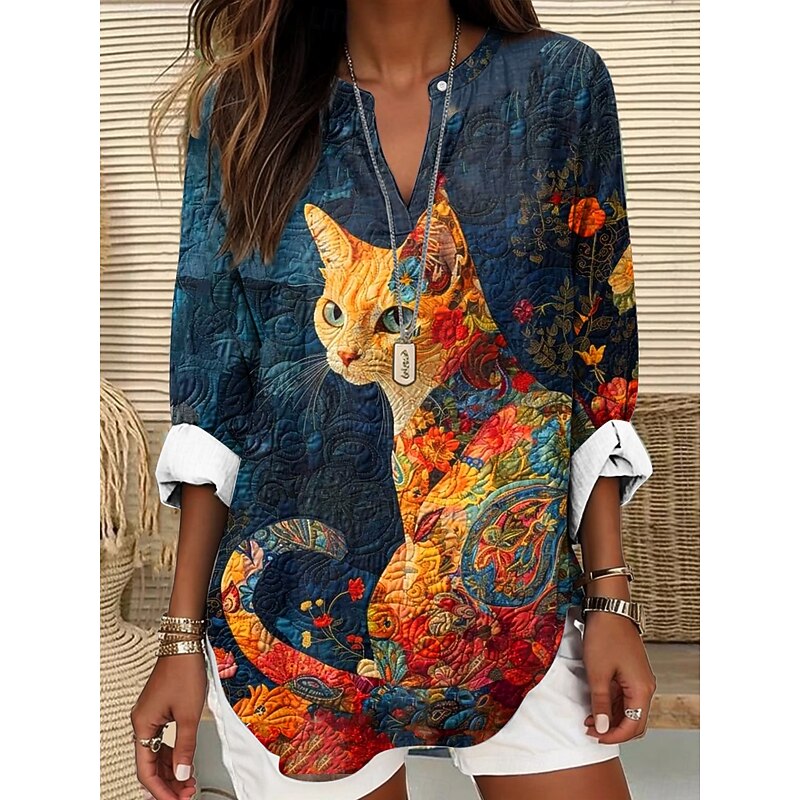 Women's Blouse Tunic V Neck Long Sleeve Boho Casual Summer Tops Graphic Cat Vintage Tropical Regular Tops Daily Wear Print Blue Green Beige2