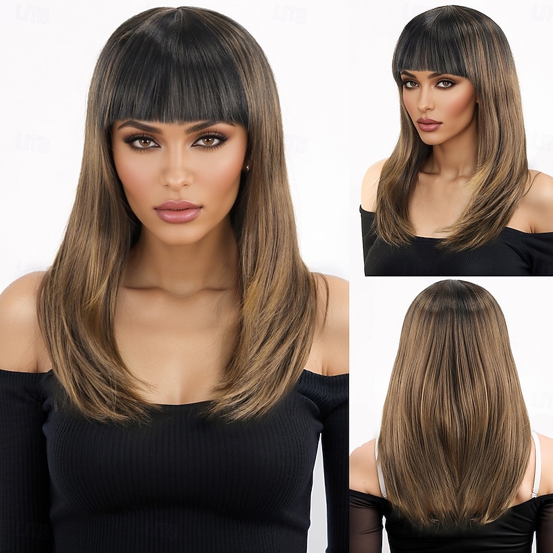 Synthetic Wig kinky Straight Natural Straight Asymmetrical Neat Bang Machine Made Wig 18 inch A1 Synthetic Hair Women's Classic Comfortable Color Gradient Brown