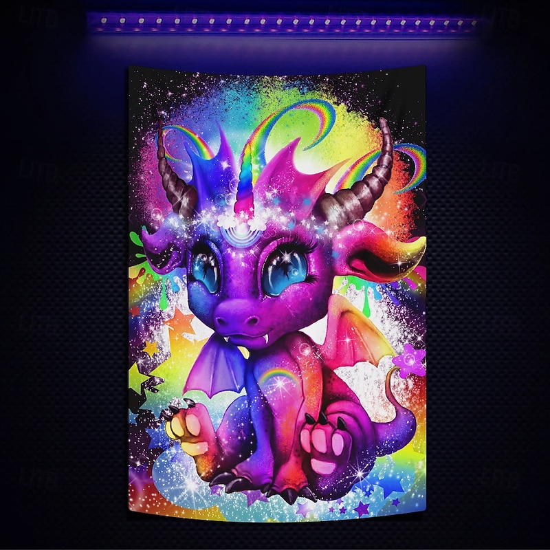 Sheena Pike Blacklight Tapestry Glow in the Dark Glow Party UV Reactive Trippy Misty Hanging Tapestry Wall Art Mural for Living Room Bedroom Rainbow Lil Dragonz