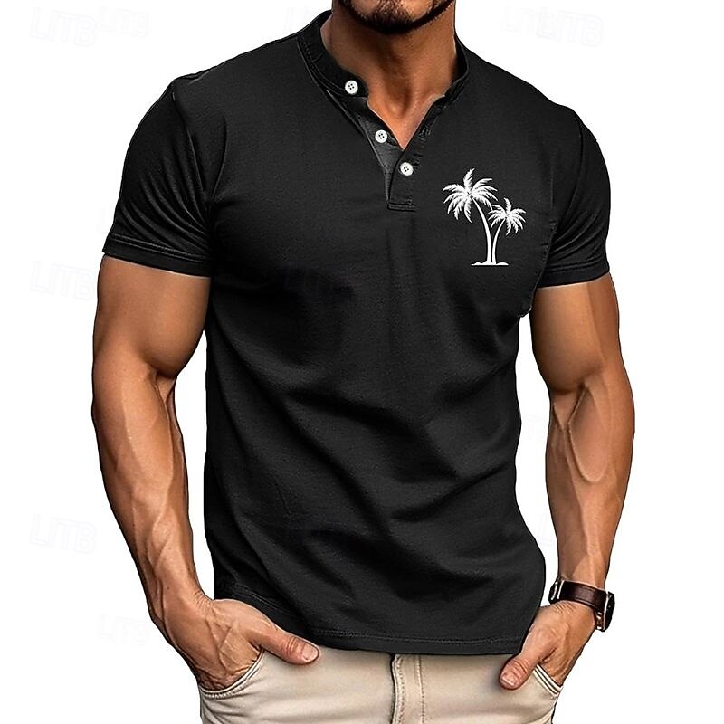 Men's T Shirt Henley Shirt Tee Short Sleeve Shirt Short Sleeve Henley Summer Leaf Fashion Designer Fashion Vacation Street Going out Black White Blue Top Tee for Men4