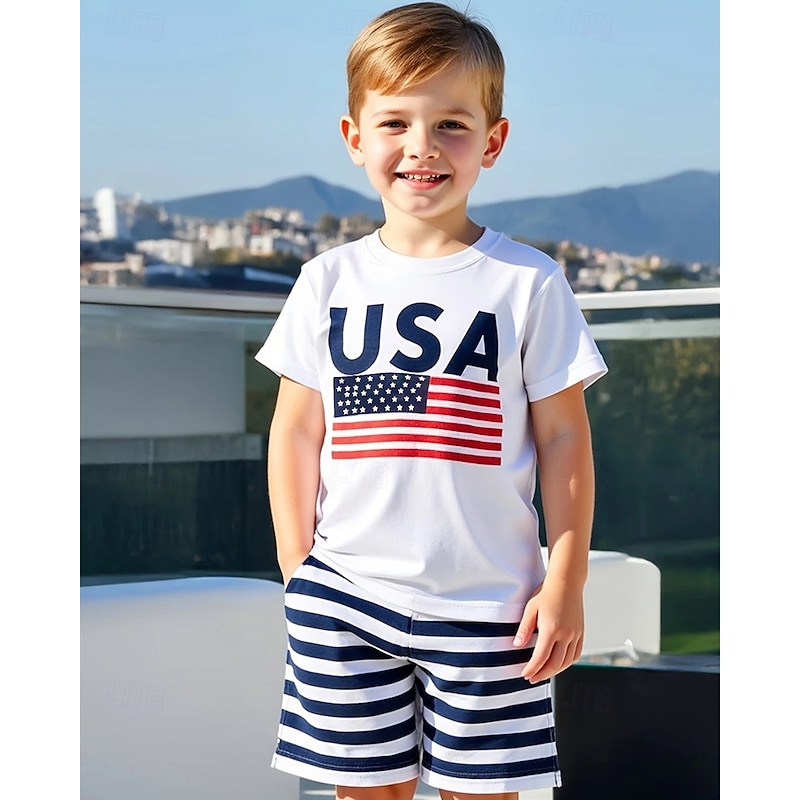 Boys 3D Flag T-shirt & Shorts Set Short Sleeve Summer Spring Sports Fashion Daily Kids 4-12 Years Crew Neck Outdoor Vacation Sports Tailored Fit