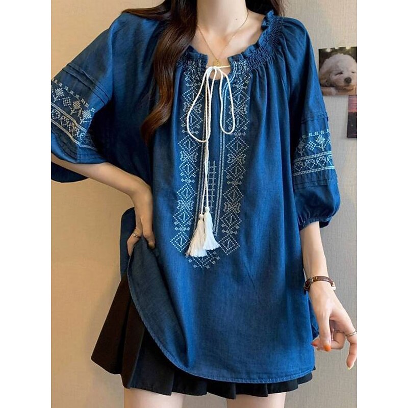 Women's Blouse Solid Color Vintage Ethnic Casual 3/4 Length Sleeve Crew Neck Regular Tops Daily Ruched Embroidered Print Navy Blue Summer4