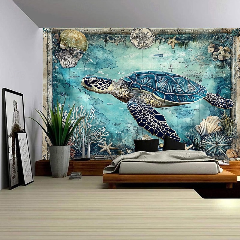 Marine Life Map Turtle Pattern Hanging Tapestry Mural Art Large Tapestry Mural Decoration Photos Background Carpet Curtains Home Bedroom Living Room Decoration