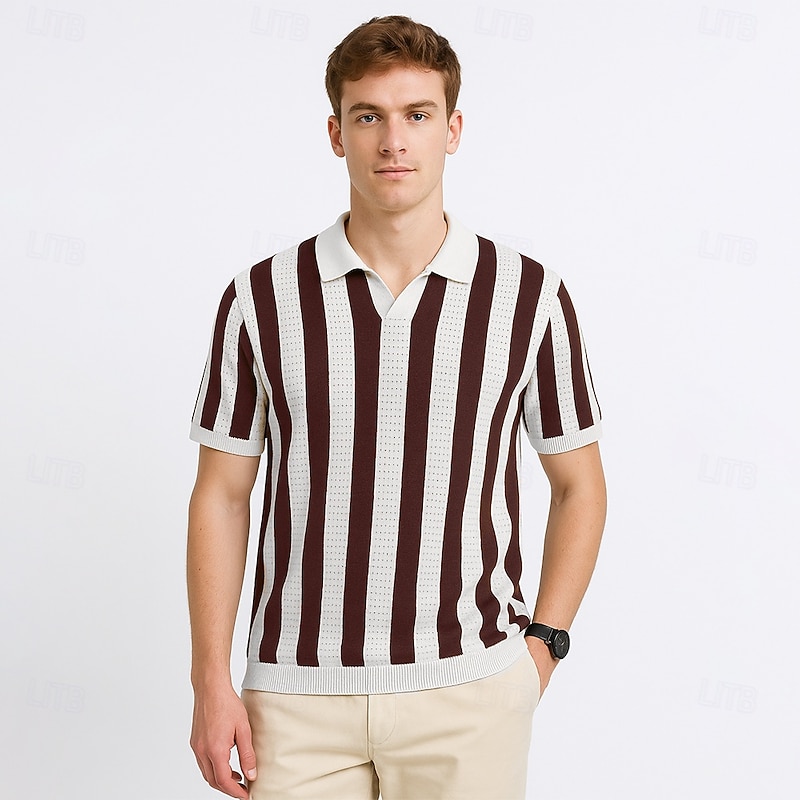 Men's Polo Business Casual Turndown Short Sleeve Mesh Vertical Stripes V Neck Soft Summer Spring Fall Maroon Depression Green Black Dark Coffee Polo3
