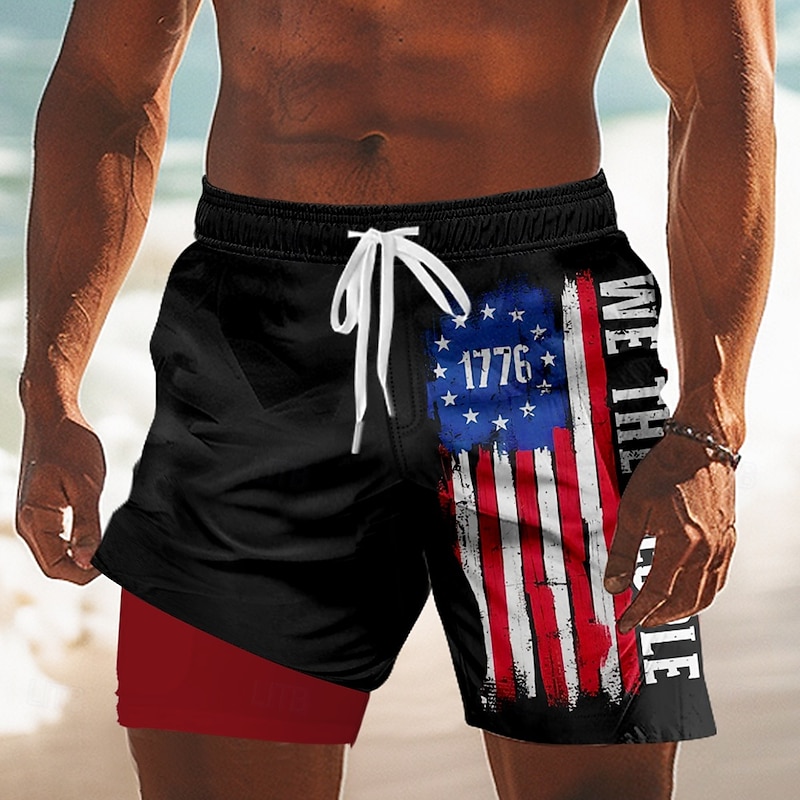 Independence Day Men's US Flag Patriotic Fourth of July Lined Shorts 2 in 1 Board Shorts Swim Shorts Mid Waist Holiday Side Pockets With Compression Liner Elastic Drawstring Waist Designer Clothing2