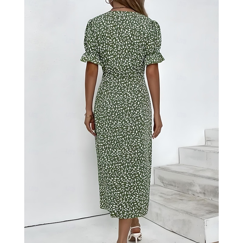 Women's Midi Dress Wrap Dress Elegant Lightweight Puff Sleeve Short Sleeve V Neck Going out Regular Fit Floral Black Pink Blue Green2