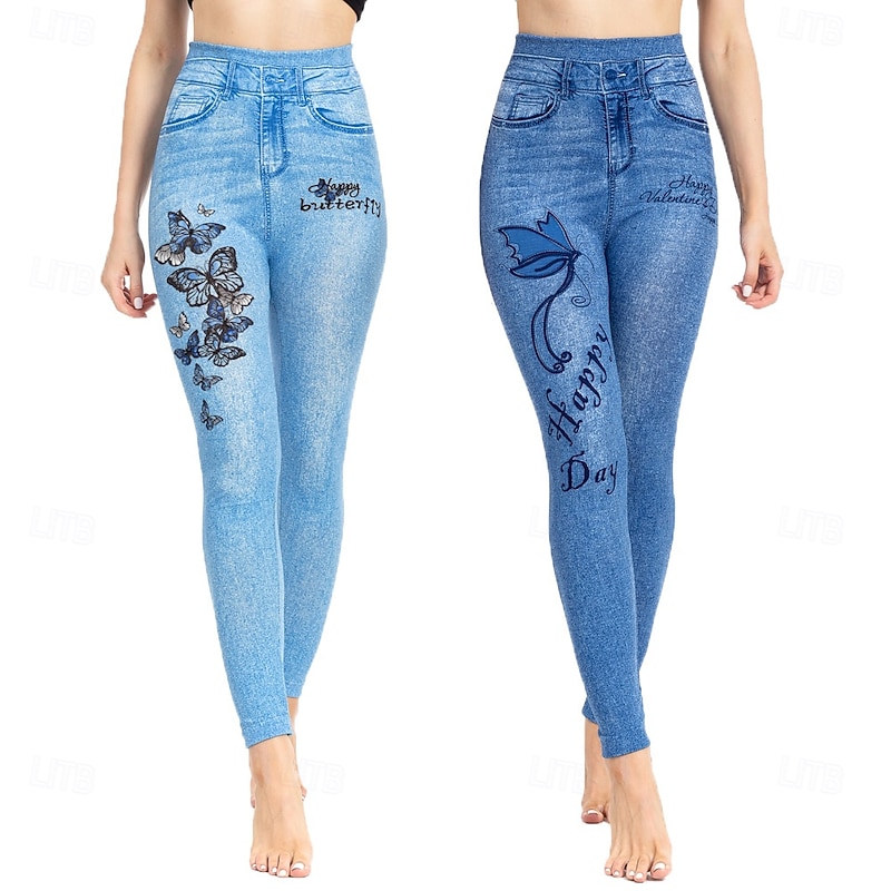 Women's Leggings Trousers 3D Print Chinos Vacation Streetwear Casual Full Length High Waist Butterfly Flower Printing Comfy Soft Comfortable Stretchy Outdoor Street Blue Dark Blue Summer Skinny