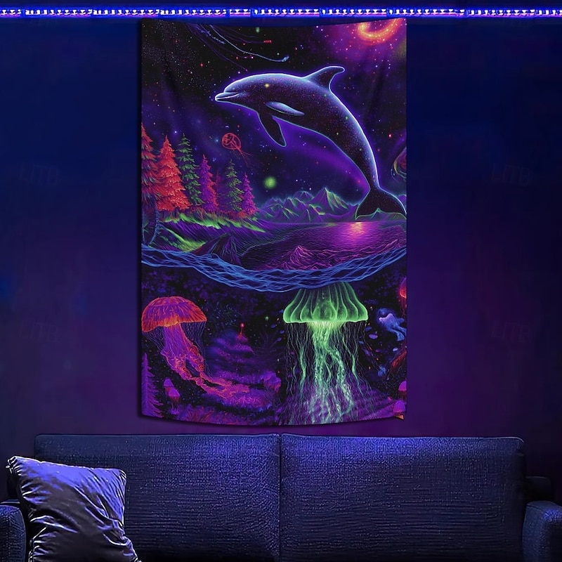 Blacklight Tapestry Glow in the Dark Glow Party UV Reactive Animal Ocean Dophin Trippy Misty Mushroom Nature Landscape Hanging Tapestry Wall Art Mural for Living Room Bedroom2