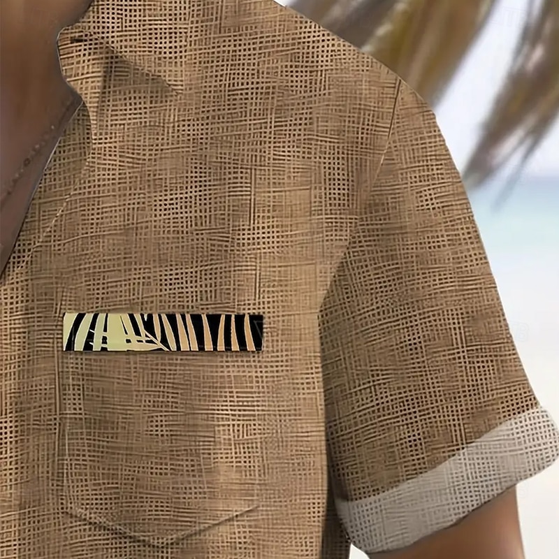 Men's Plants Palm Leaf Shirt Summer Shirt Button Up Shirt Short Sleeve Fashion Casual Vacation Holiday Streetwear Summer Turndown 3D Print Front One Pocket Linen Like Shirt Brown3