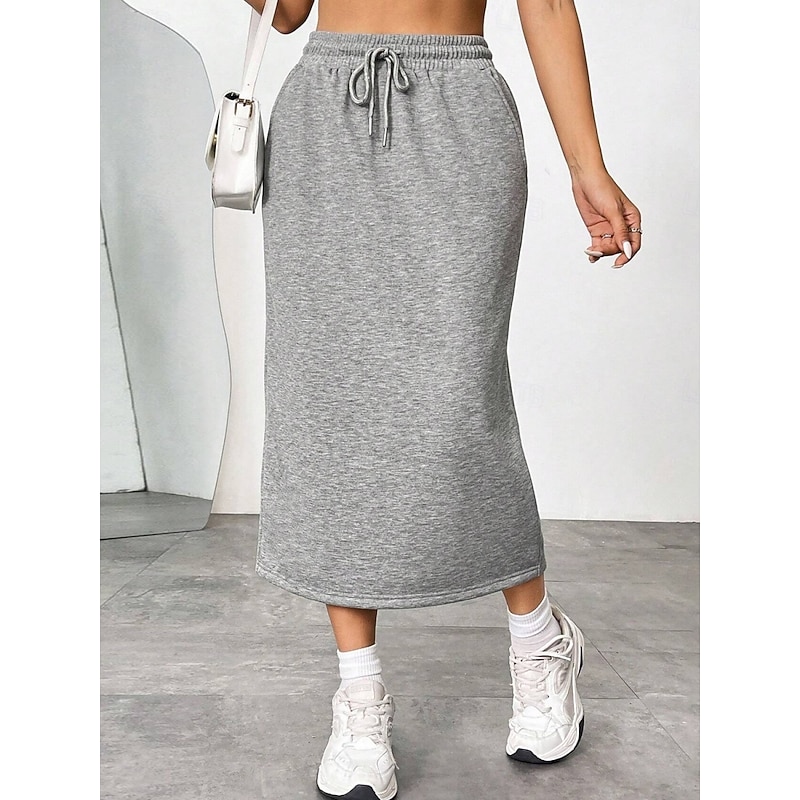 Women's Skirt Solid Color Fashion Casual Maxi High Waist Skirts Plain Pocket Stretchy Street Daily Black Gray Summer Polyester4