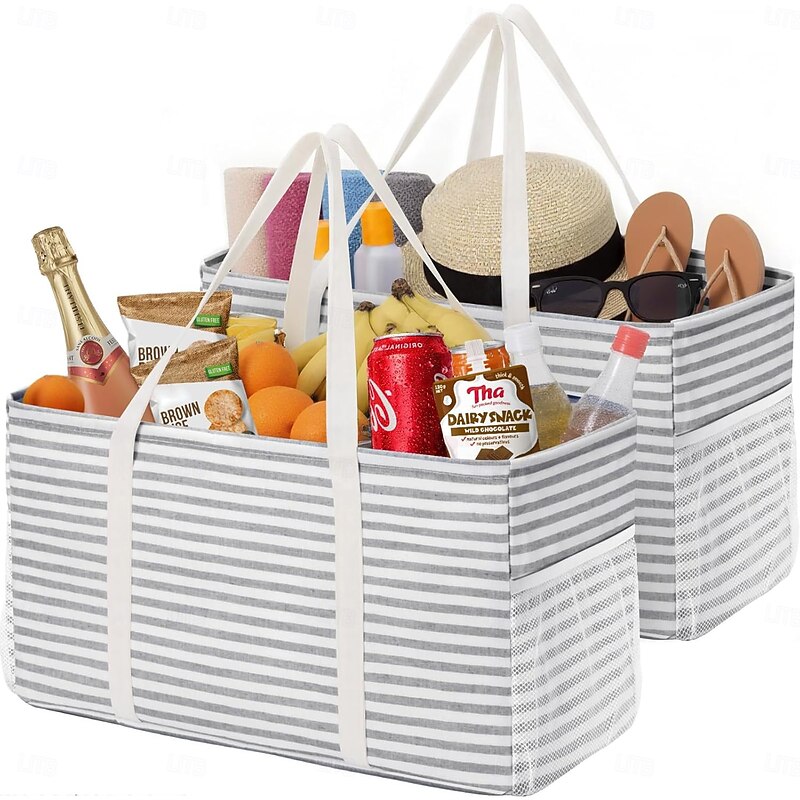 2pcs Extra Large Tote Bag, Reusable Grocery Bags with Metal Wire Frame and Handles, Standing Utility Foldable Shopping Bags for Storage, Picnics, Beach, Pool, Laundry, Car, Camping, 2 Packs, Grey