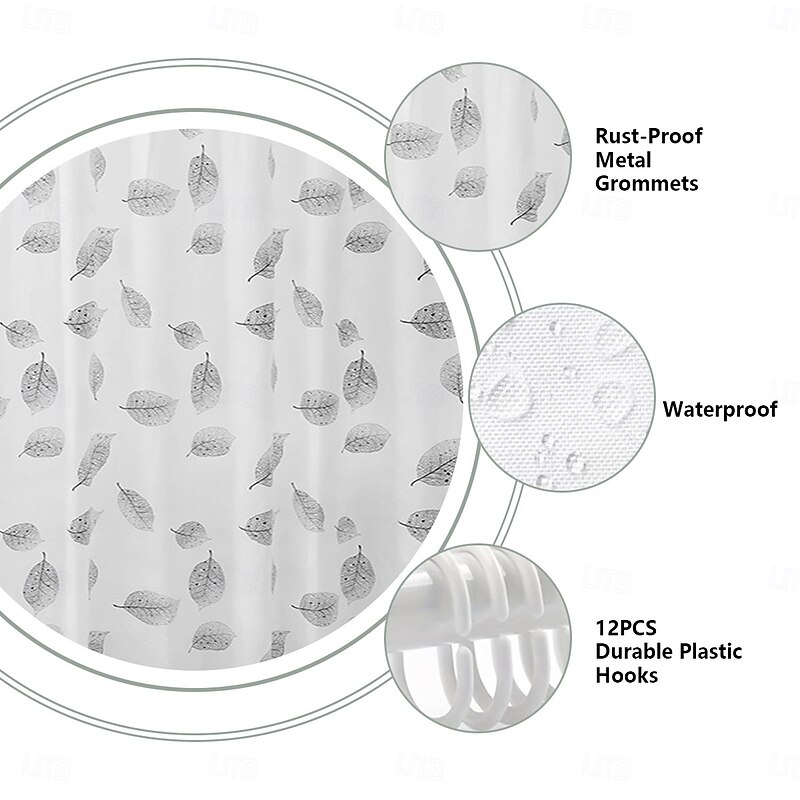 PEVA Shower Curtain Liner, 180x180cm 70"x70" Waterproof Washable Shower Curtain Liner Bathroom Shower Liner, 12 Hooks Black White Leaf Pattern3