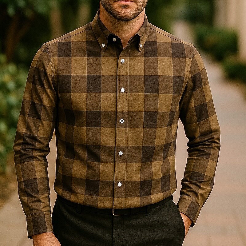 Men's Shirt Summer Shirt Casual Shirt Beach Shirt Button Up Shirt Black White Red Brown Long Sleeve Plaid Lapel Vacation Hawaiian Clothing Apparel Polyester Fashion Casual Comfortable