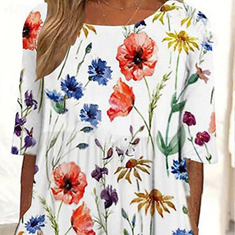 Women's Long Dress Maxi Dress Casual Dress Floral Dress Classic Modern Outdoor Daily Going out Regular Fit Flower Long Sleeve Crew Neck White Blue Fall2